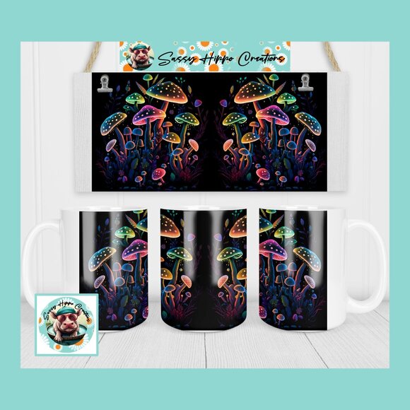 Ceramic Coffee Mug Colorful Neon Mushrooms Magic 15oz Hand Sublimated - Picture 1 of 4